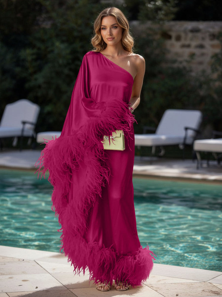 Satin Sheath One Shoulder Evening Dresses with Feathers