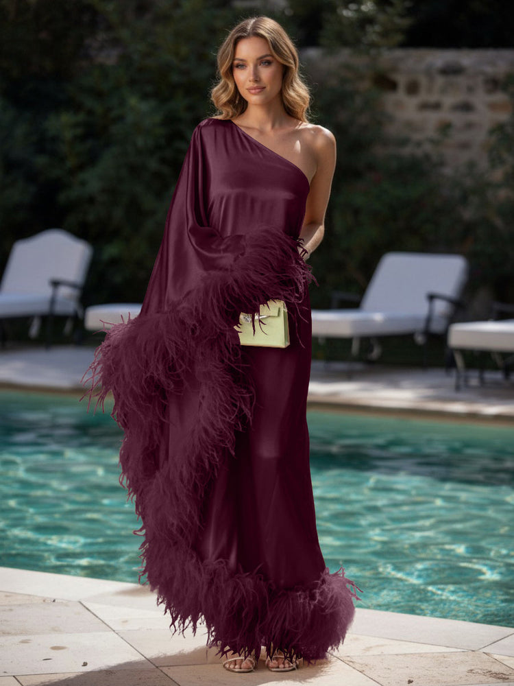 Satin Sheath One Shoulder Evening Dresses with Feathers