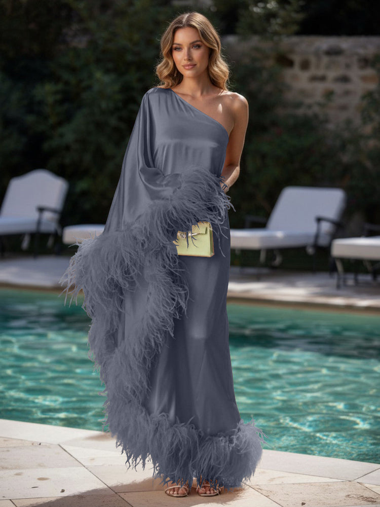 Satin Sheath One Shoulder Evening Dresses with Feathers