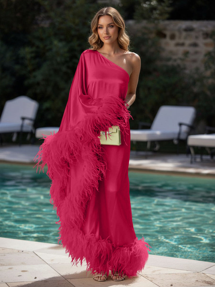 Satin Sheath One Shoulder Evening Dresses with Feathers