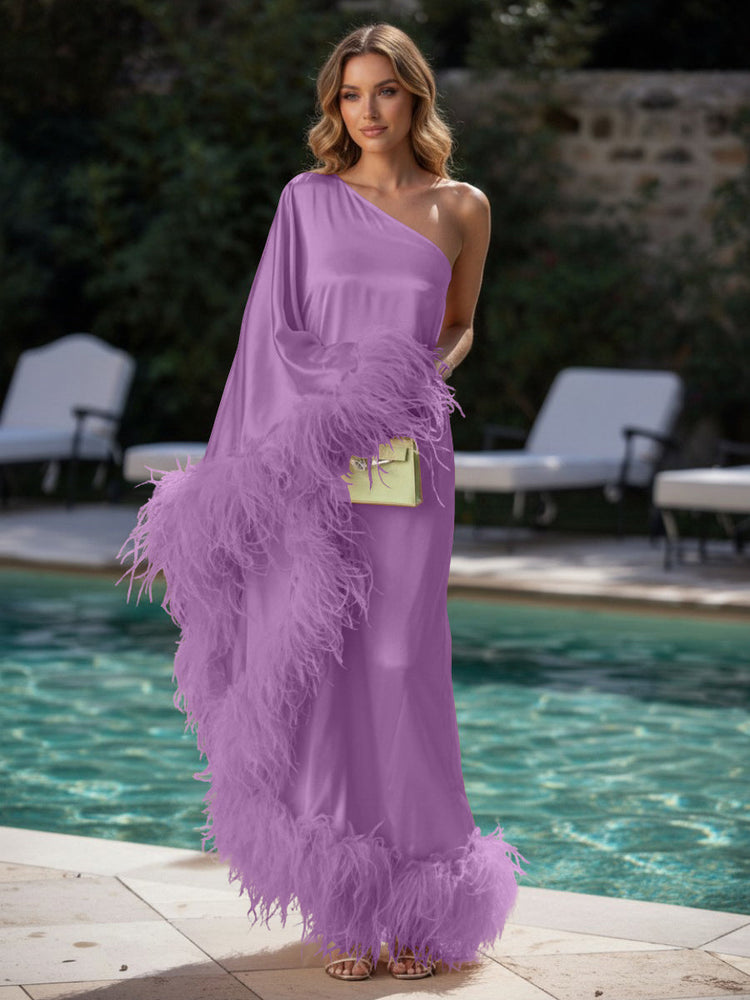 Satin Sheath One Shoulder Evening Dresses with Feathers