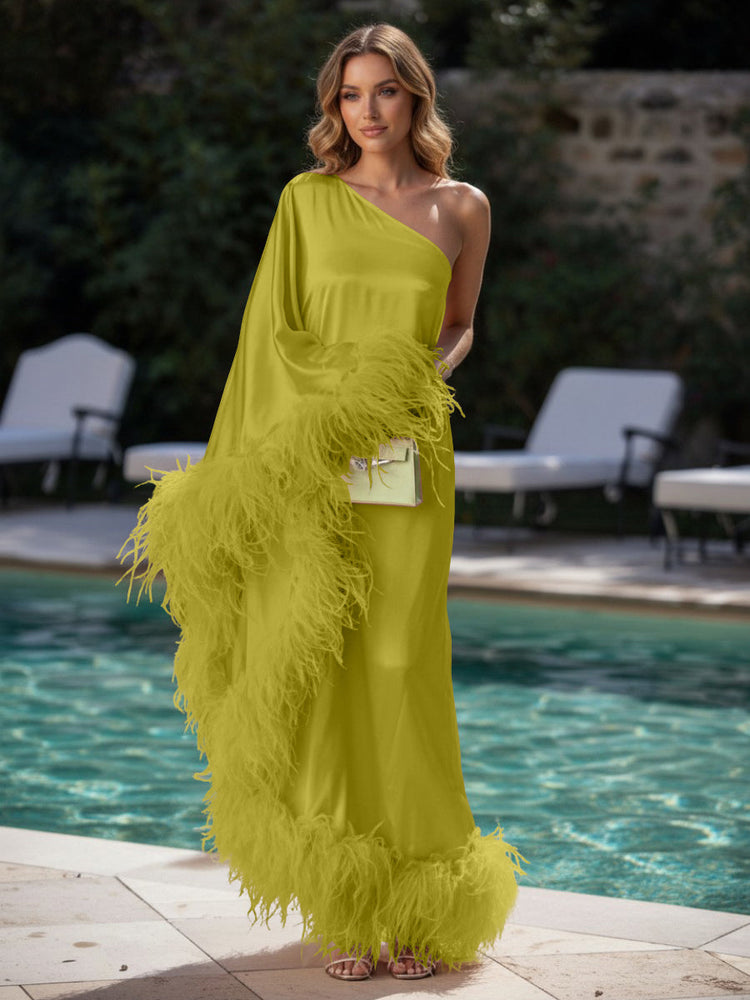 Satin Sheath One Shoulder Evening Dresses with Feathers