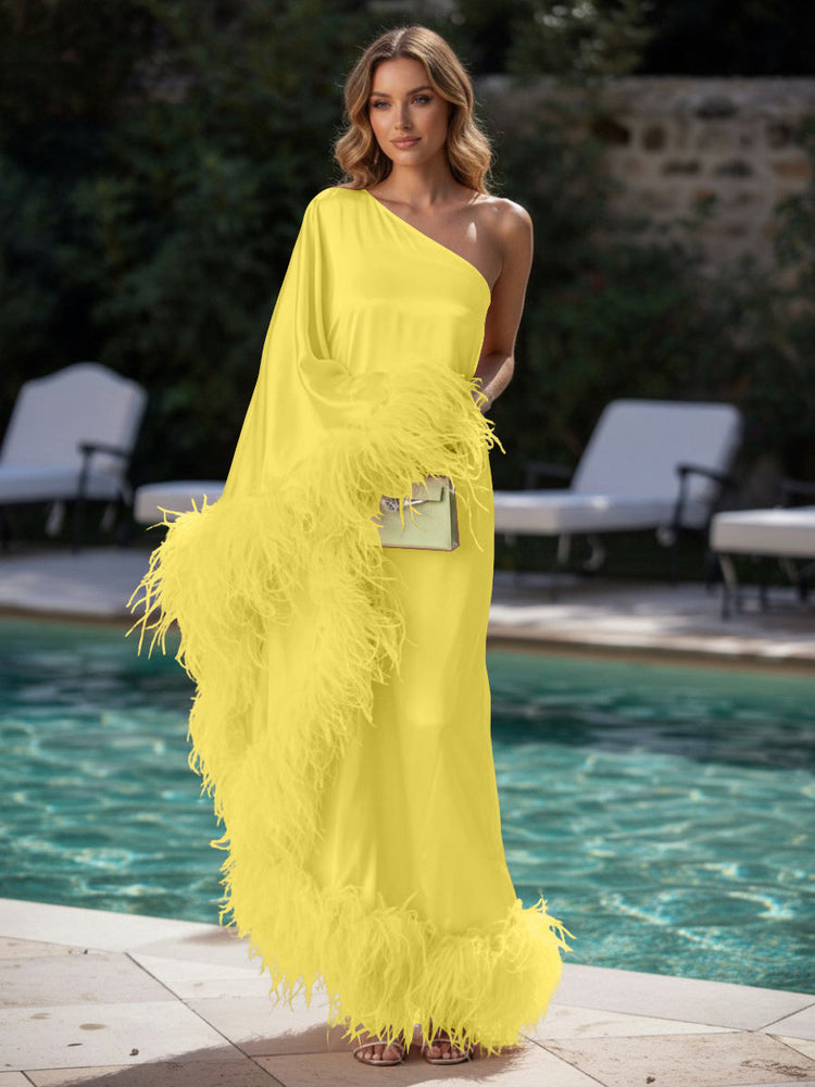 Satin Sheath One Shoulder Evening Dresses with Feathers