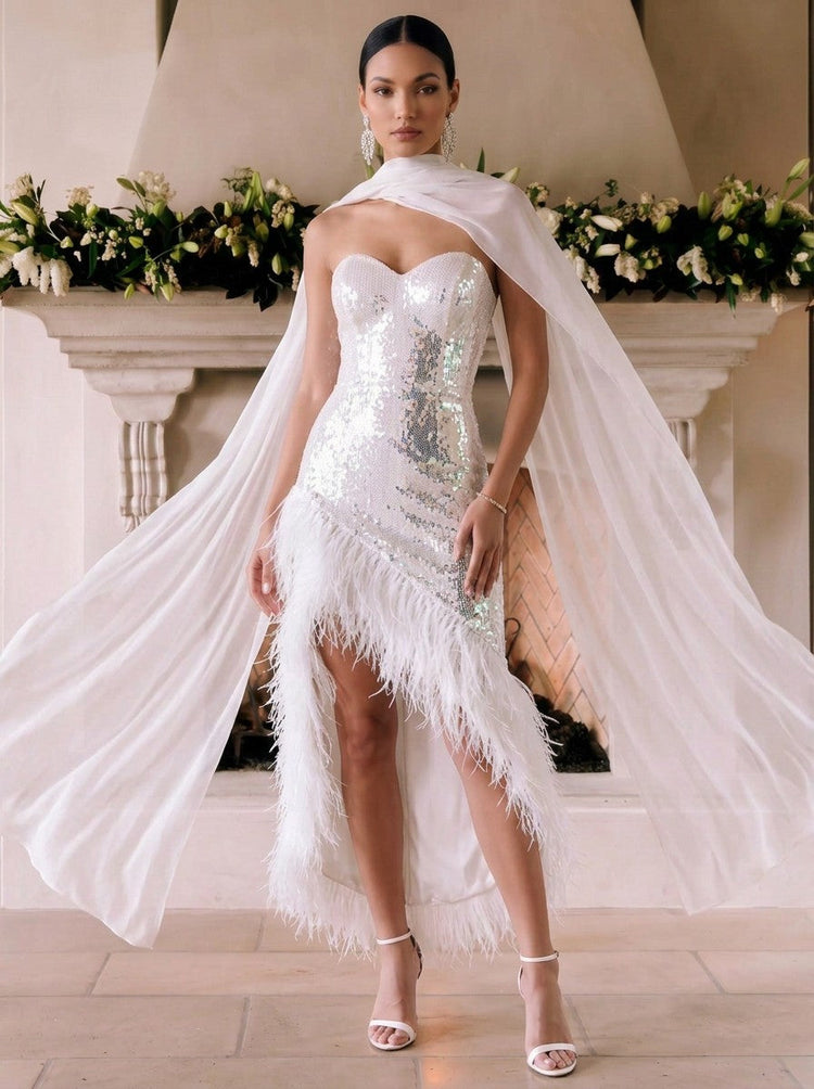 Sequin Mermaid Strapless EveningDresses with Chiffon Scarf