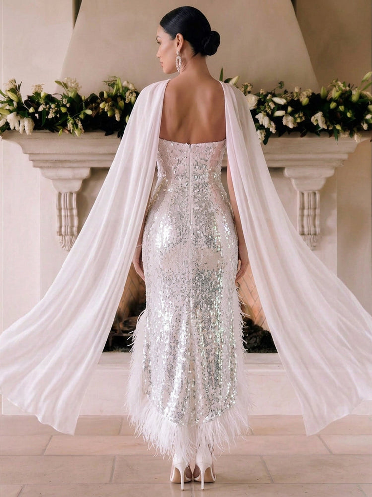 Sequin Mermaid Strapless EveningDresses with Chiffon Scarf