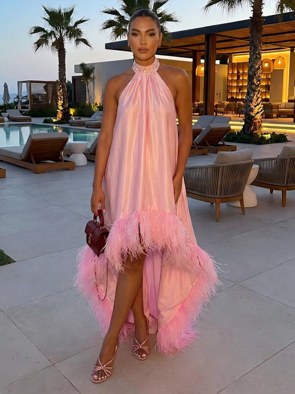 Satin A-Line Halter Evening Tent/ Trapeze Dresses with Feathers