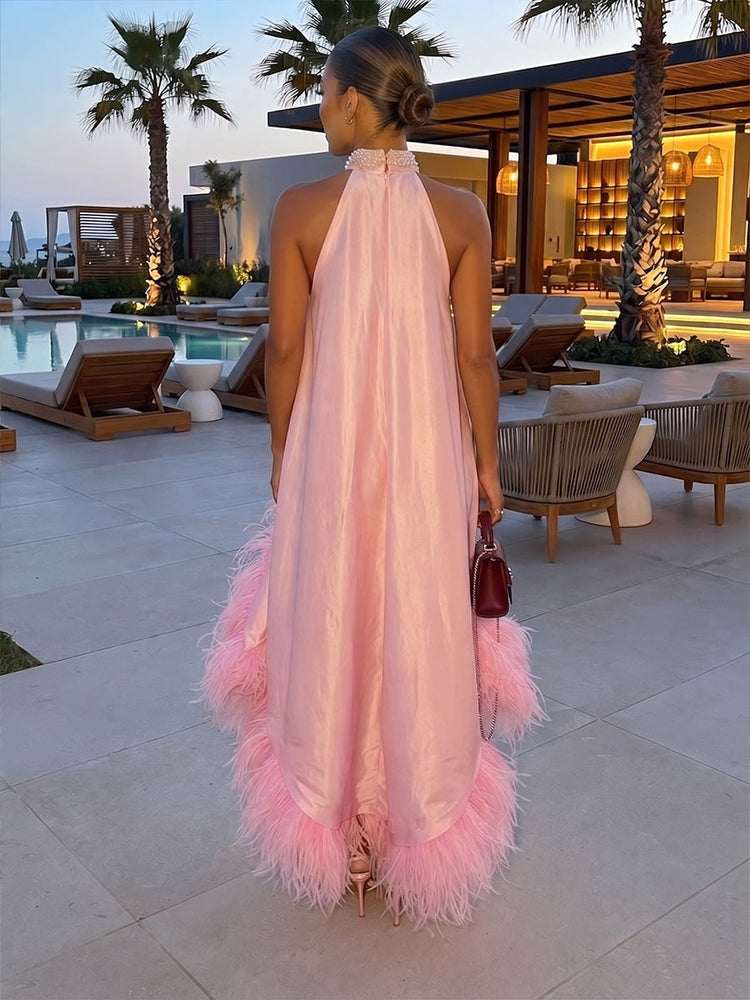 Satin A-Line Halter Evening Tent/ Trapeze Dresses with Feathers