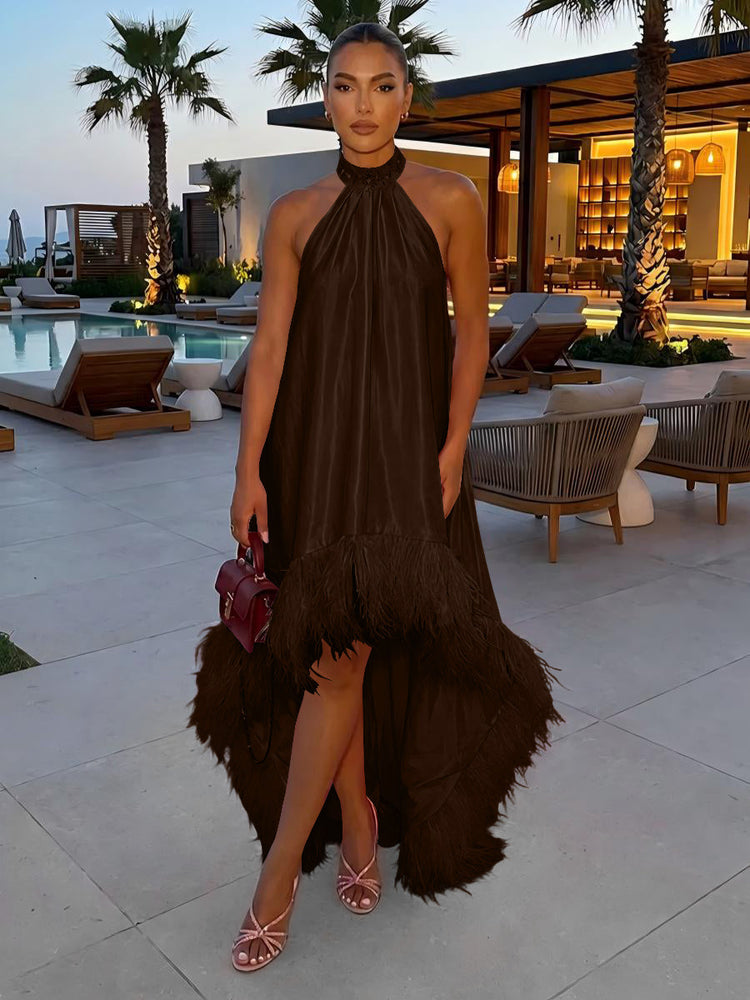 Satin A-Line Halter Evening Tent/ Trapeze Dresses with Feathers