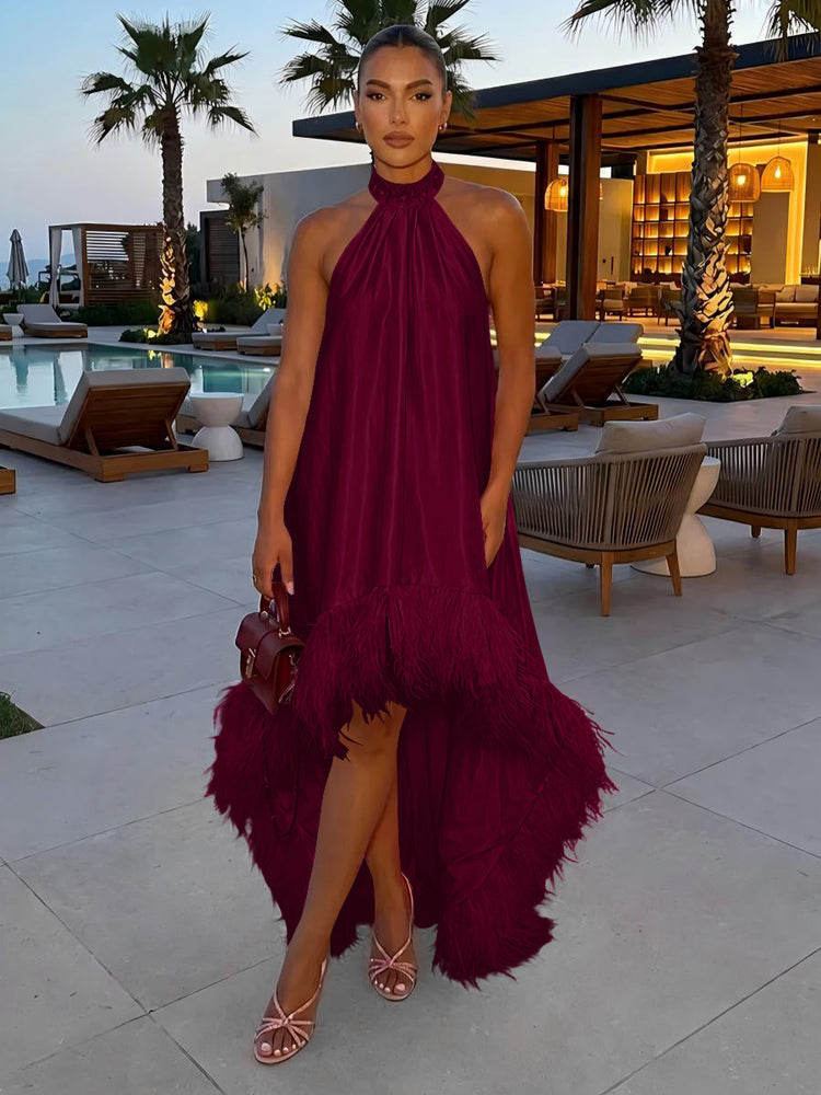 Satin A-Line Halter Evening Tent/ Trapeze Dresses with Feathers