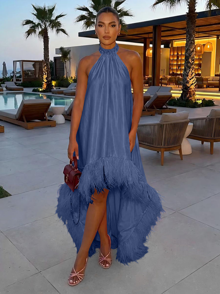 Satin A-Line Halter Evening Tent/ Trapeze Dresses with Feathers