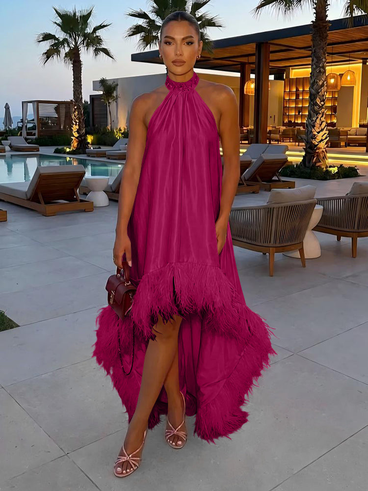 Satin A-Line Halter Evening Tent/ Trapeze Dresses with Feathers