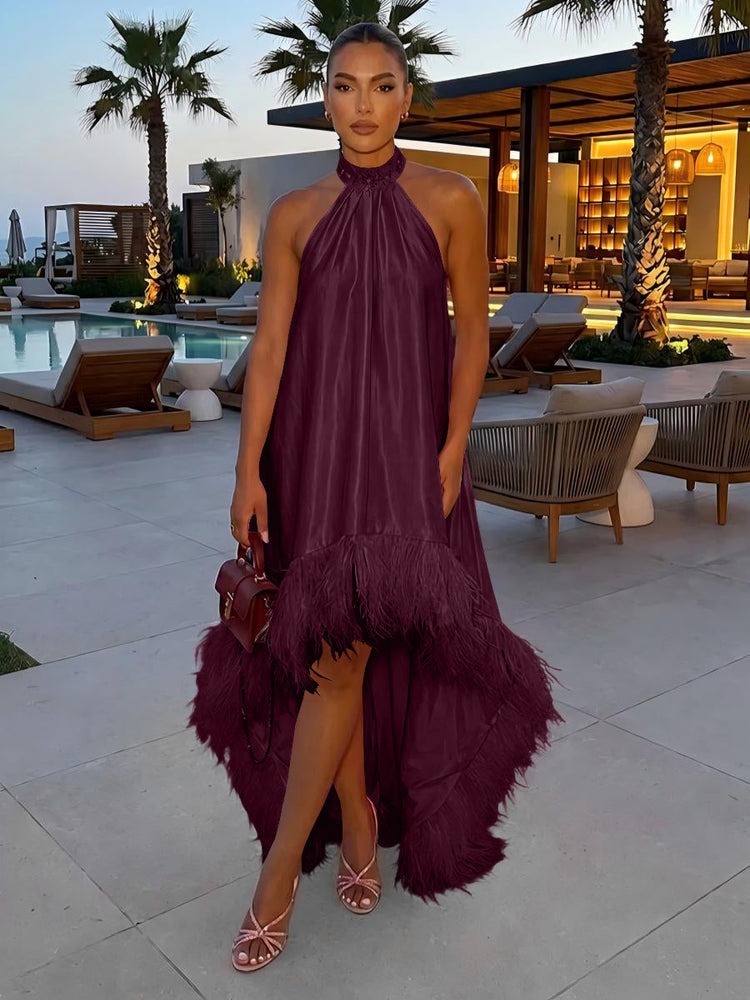 Satin A-Line Halter Evening Tent/ Trapeze Dresses with Feathers