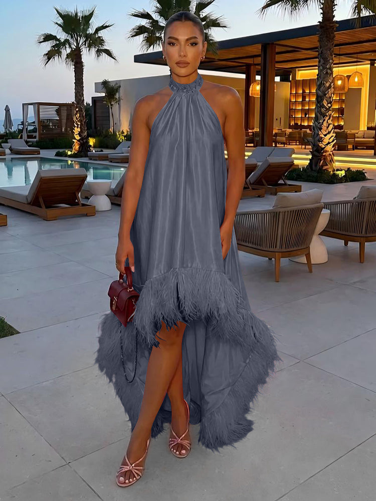 Satin A-Line Halter Evening Tent/ Trapeze Dresses with Feathers