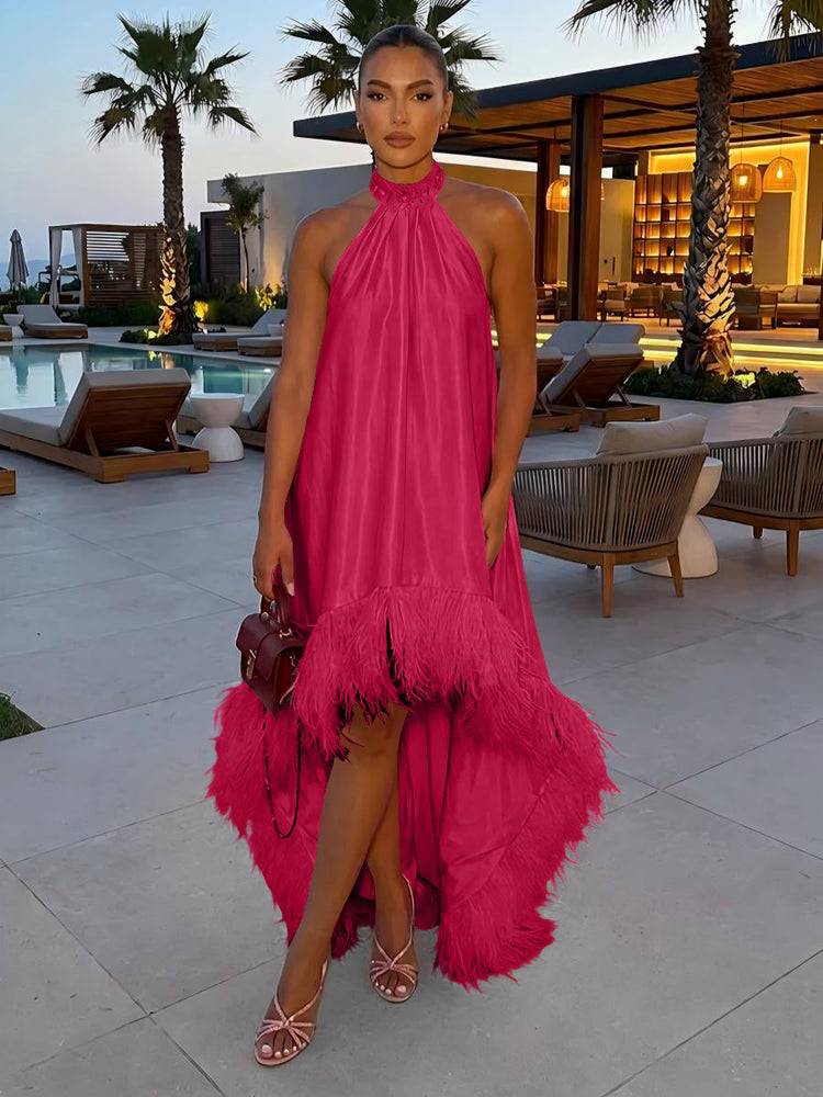 Satin A-Line Halter Evening Tent/ Trapeze Dresses with Feathers