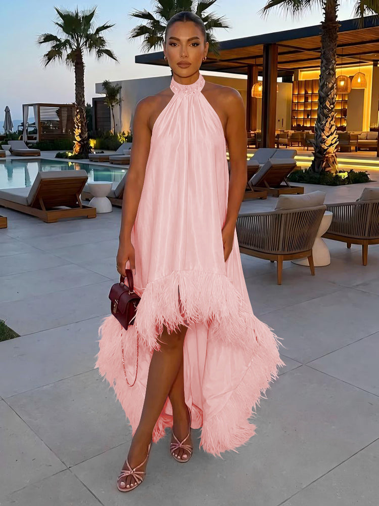 Satin A-Line Halter Evening Tent/ Trapeze Dresses with Feathers