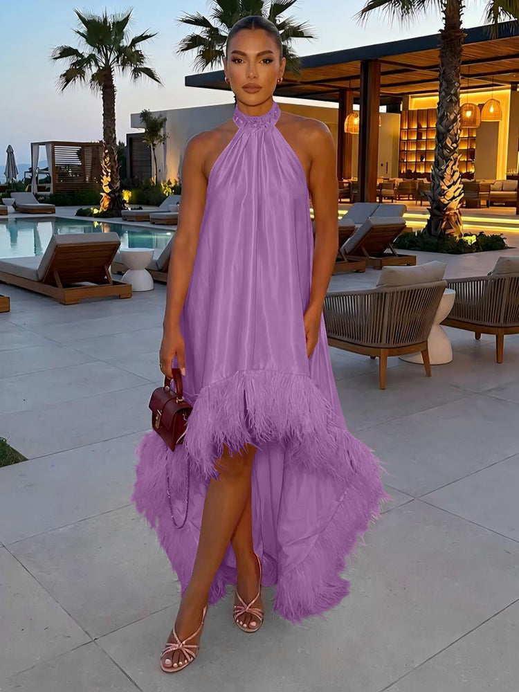 Satin A-Line Halter Evening Tent/ Trapeze Dresses with Feathers