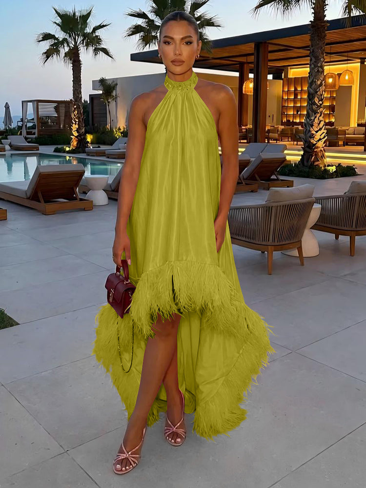 Satin A-Line Halter Evening Tent/ Trapeze Dresses with Feathers