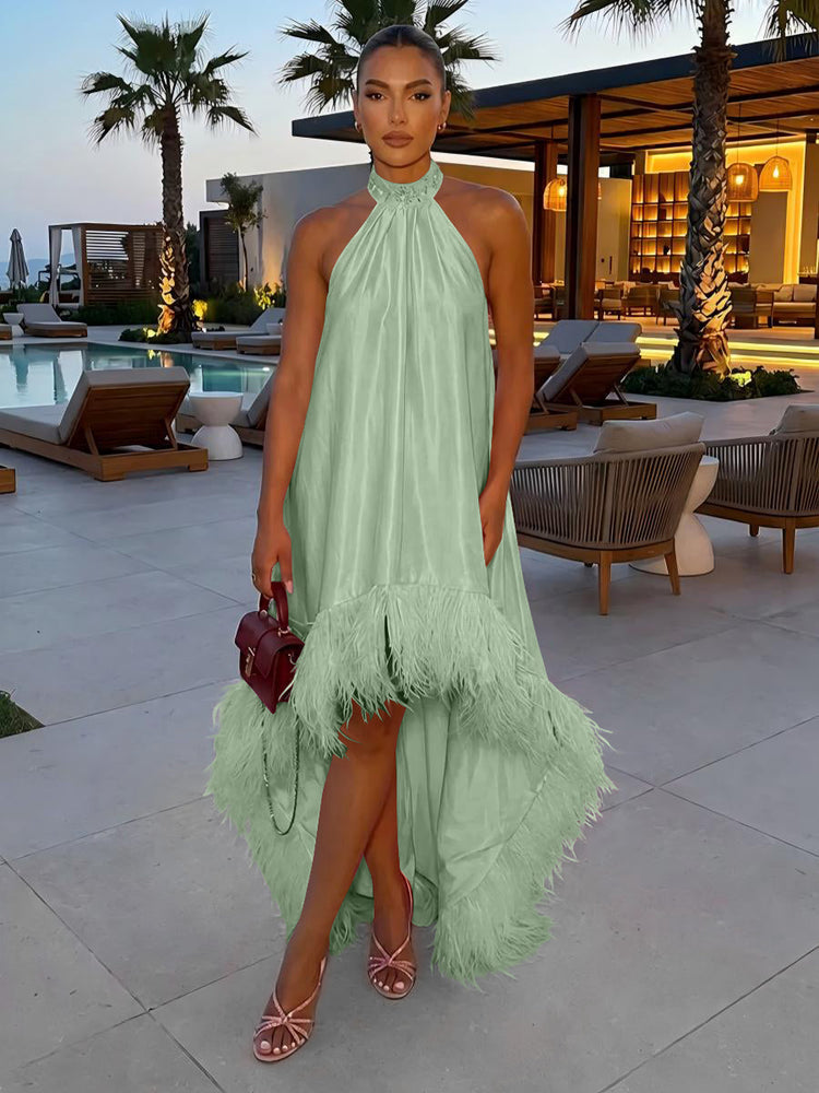 Satin A-Line Halter Evening Tent/ Trapeze Dresses with Feathers