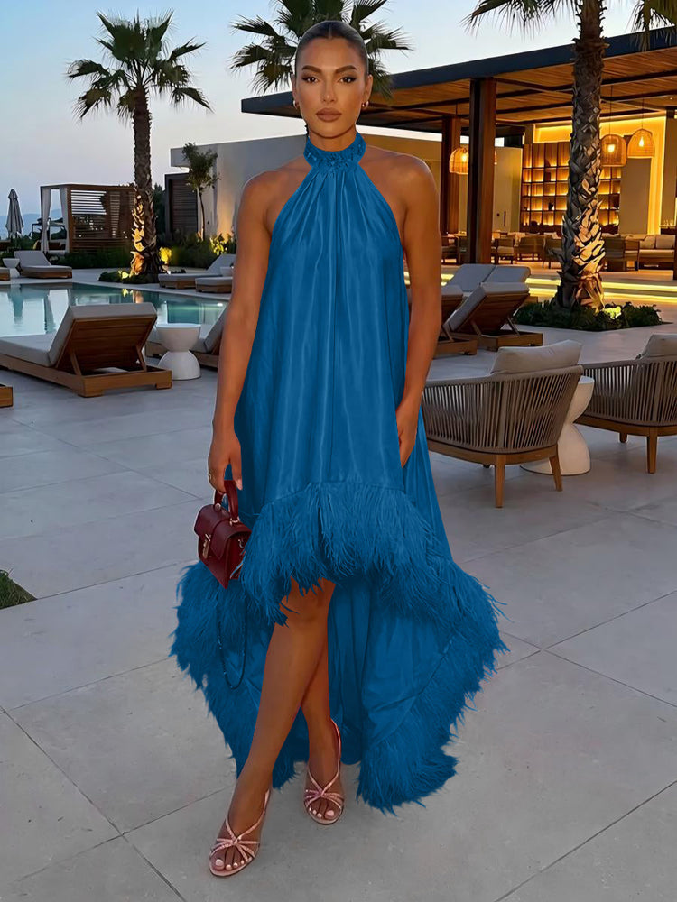 Satin A-Line Halter Evening Tent/ Trapeze Dresses with Feathers