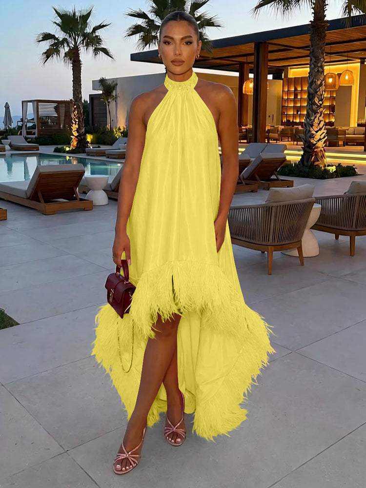 Satin A-Line Halter Evening Tent/ Trapeze Dresses with Feathers