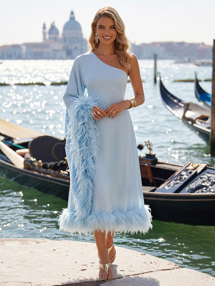 Satin A-Line One Shoulder Evening Dresses with Natural Feather Fringe Hem