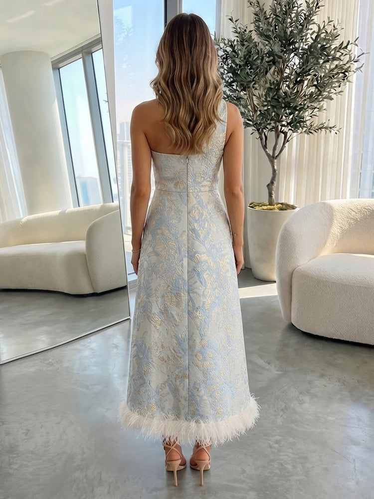 Jacquard A-Line One Shoulder Evening Dresses with Natural Feather Fringe Hem