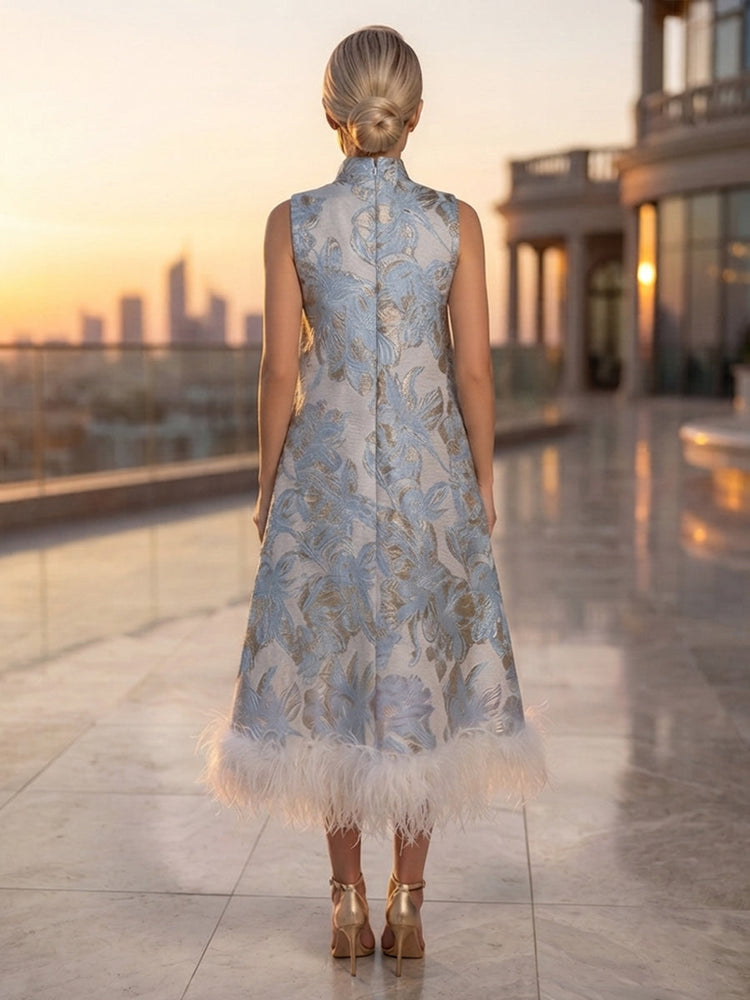 Jacquard A-Line High Neck Evening Dresses with Natural Feather Fringe Hem
