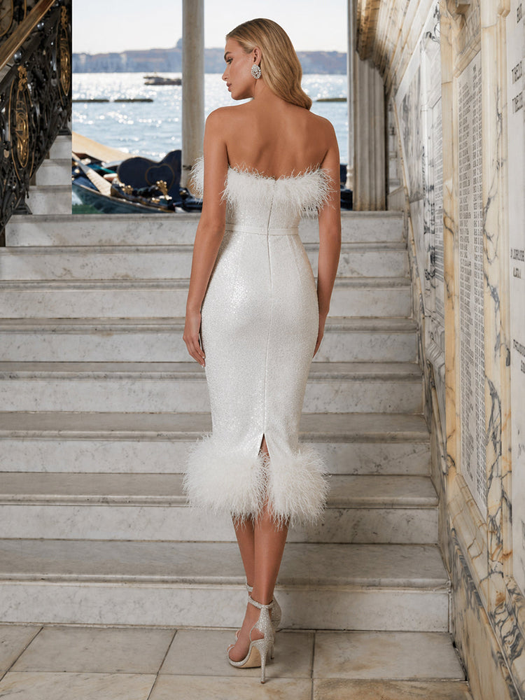 Sequin Sheath Strapless Evening Dresses with Feathers