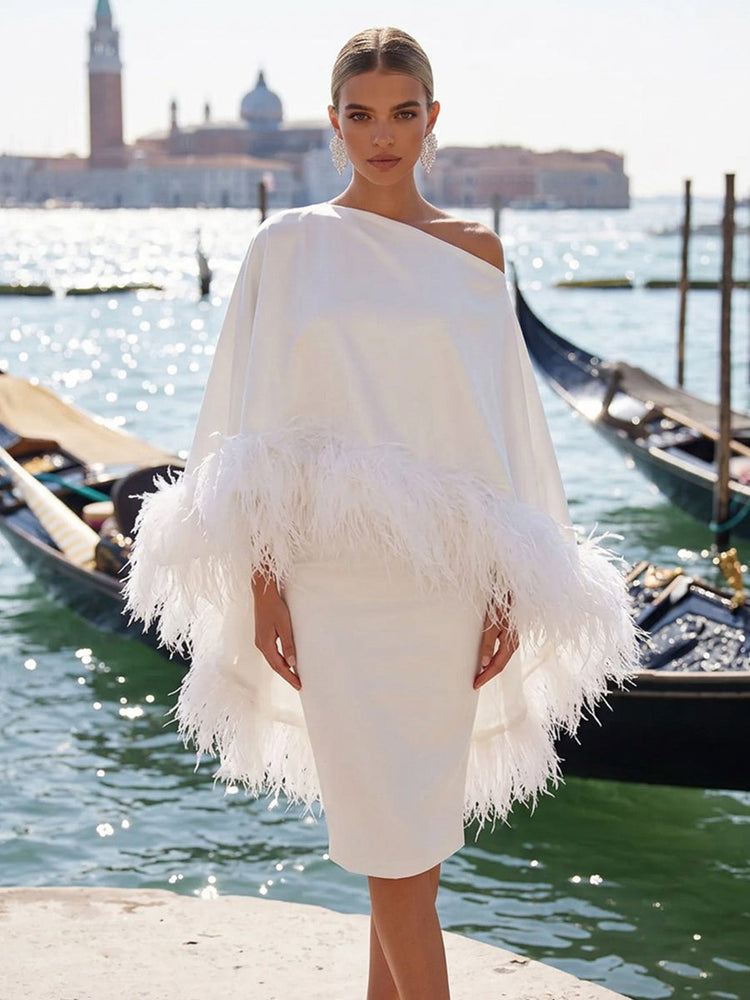 Satin Sheath One Shoulder Evening Dresses with Feathers