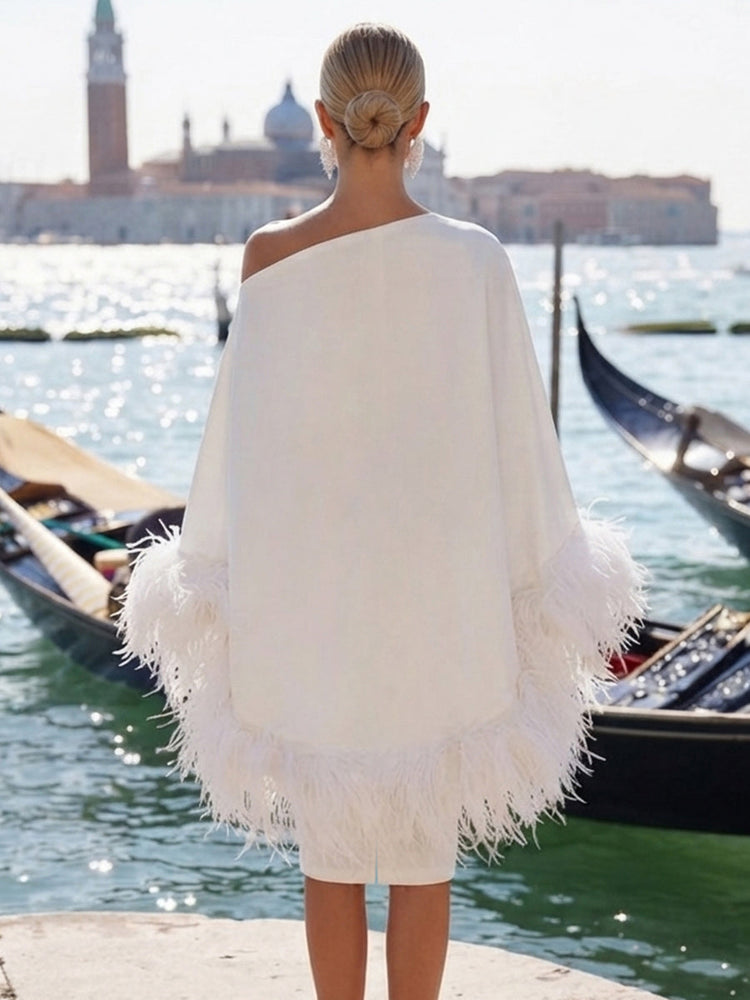 Satin Sheath One Shoulder Evening Dresses with Feathers