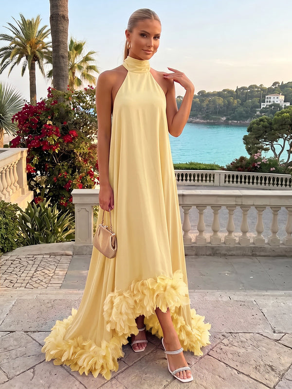 Chiffon High Low Halter Evening Dresses with Natural Feather Fringe Hem