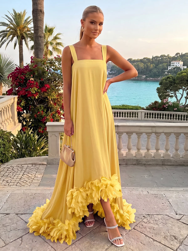 Chiffon High Low Square Neck Evening Dresses with Natural Feather Fringe Hem