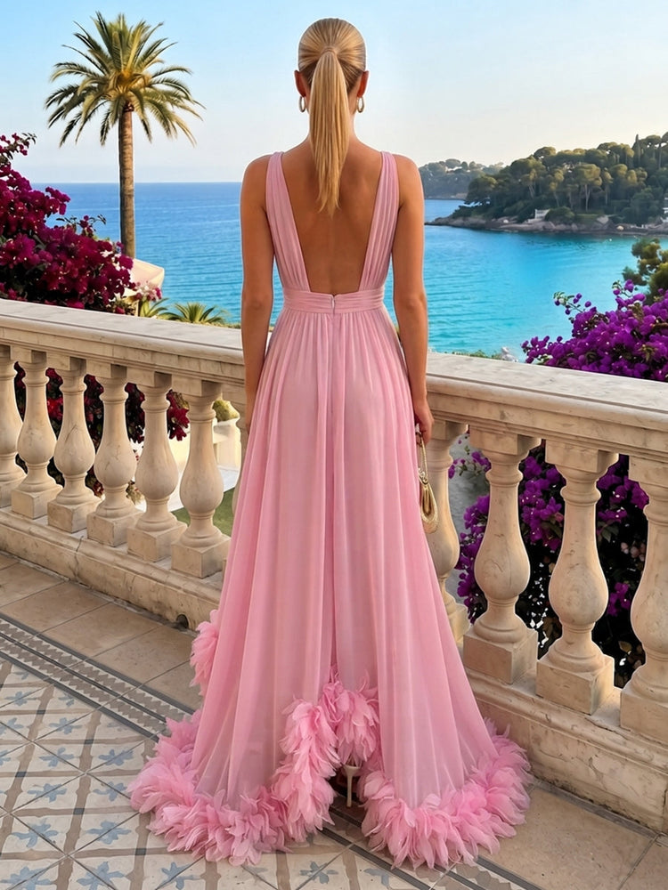 Chiffon High Low V Neck Evening Dresses with Natural Feather Fringe Hem