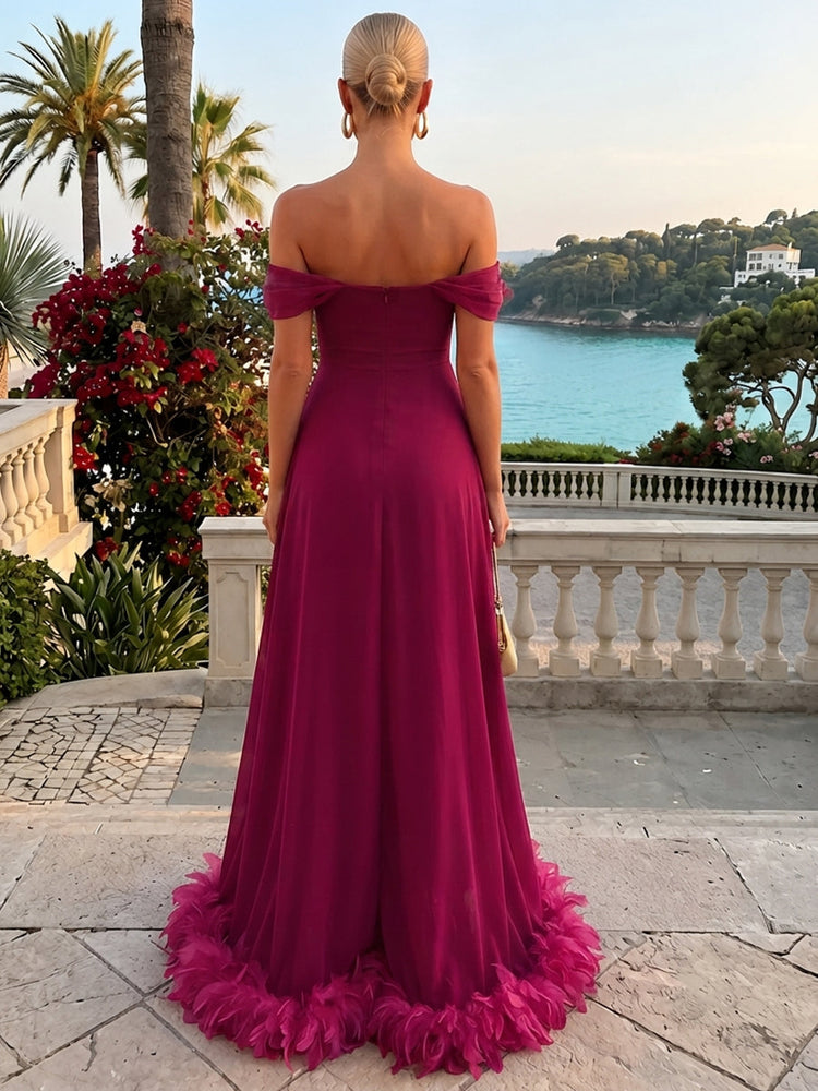 Chiffon High Low Off Shoulder Evening Dresses with Natural Feather Fringe Hem