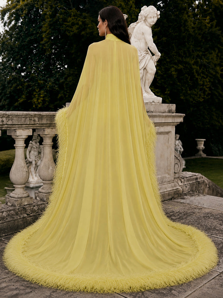 Jersey Bodycon High Neck Evening Dresses with Sheer Chiffon Flowing Cape