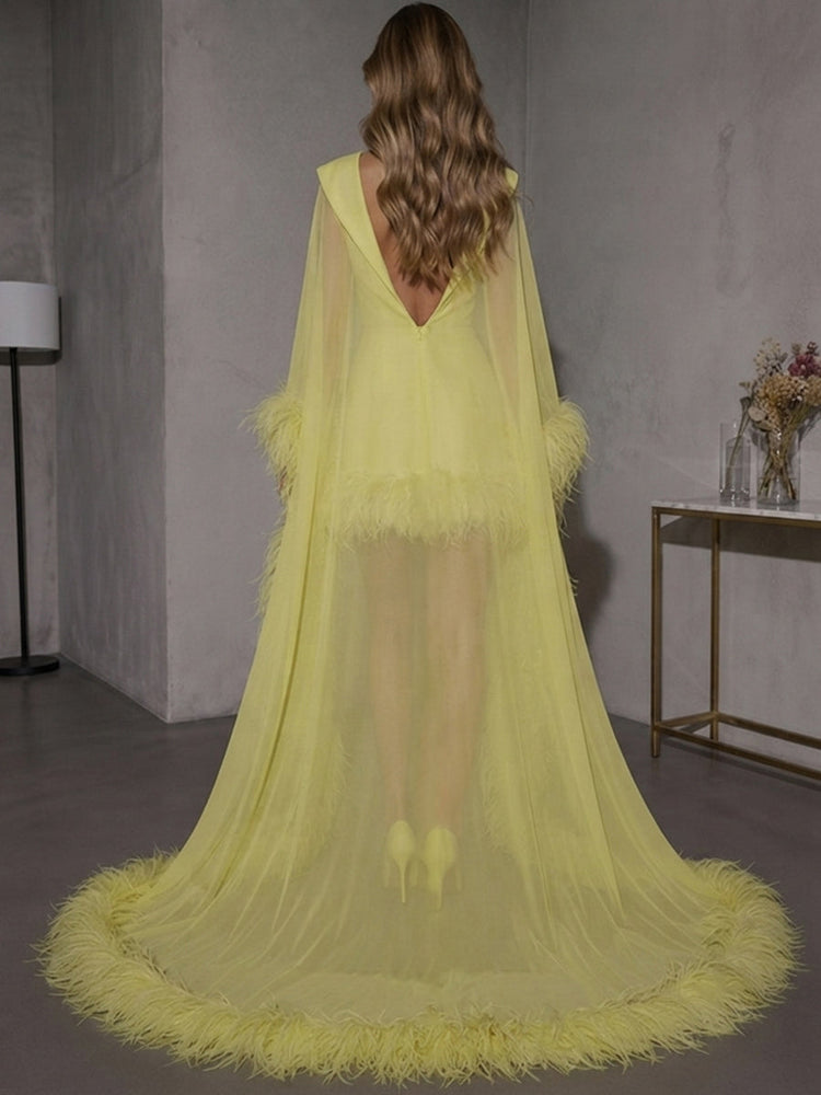 Jersey Bodycon V Neck Evening Dresses with Sheer Chiffon Flowing Cape