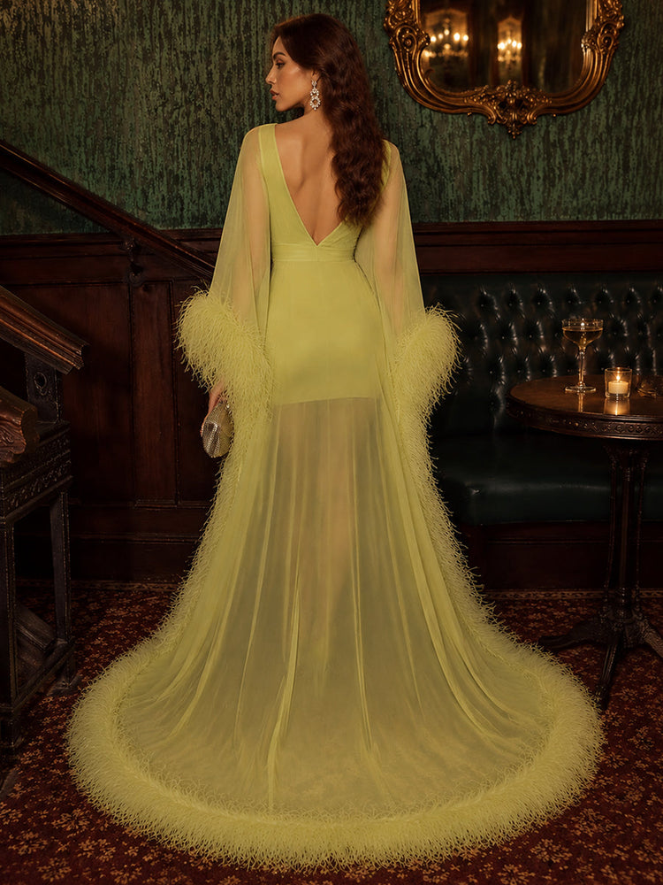 Jersey Sheath V Neck Evening Dresses with Sheer Chiffon Flowing Cape