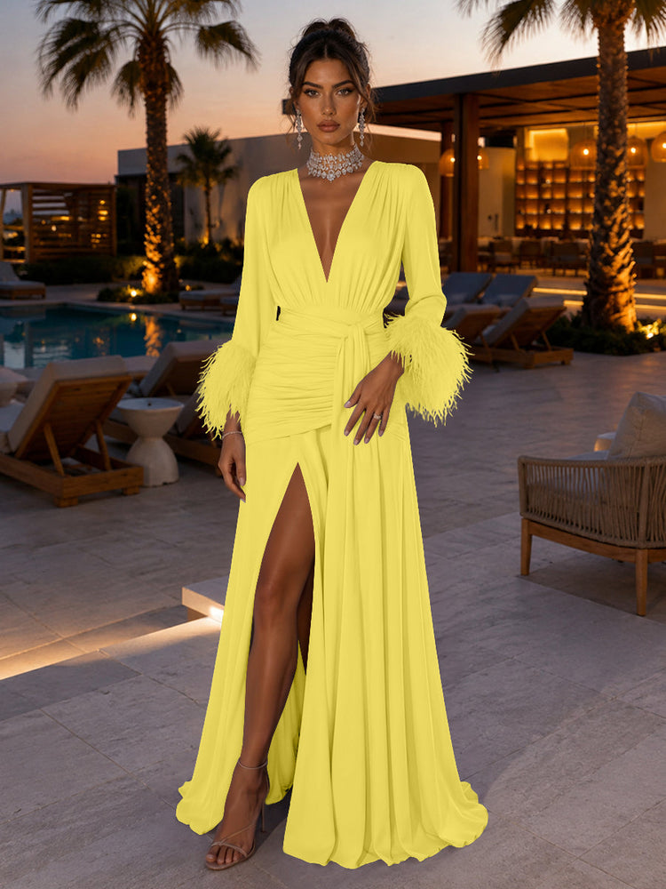 Satin A-Line V Neck Evening Dresses with Side Waist Ruched Shaping Detail