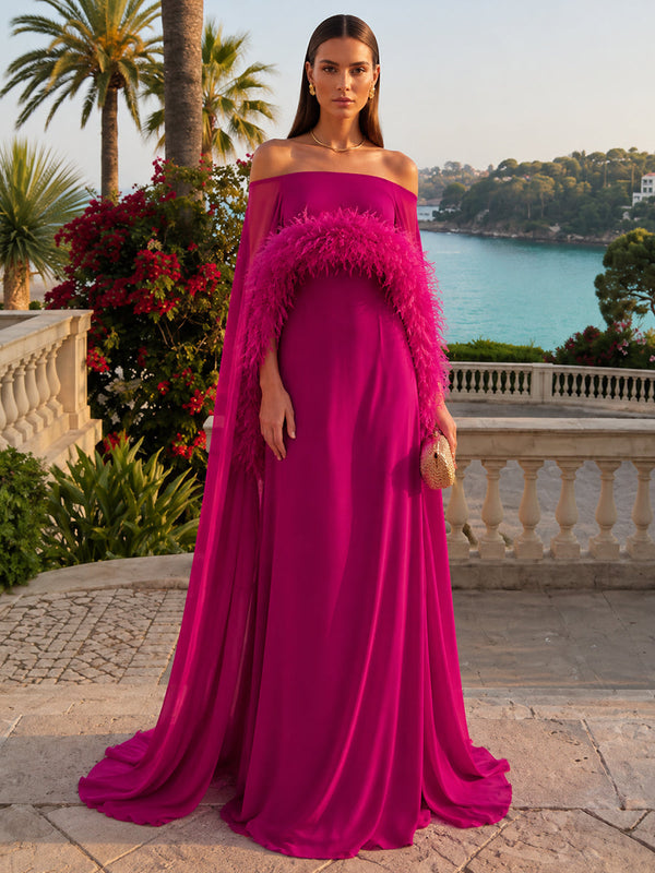 Chiffon A-Line Off Shoulder Evening Dresses with Sheer Chiffon Flowing Cape