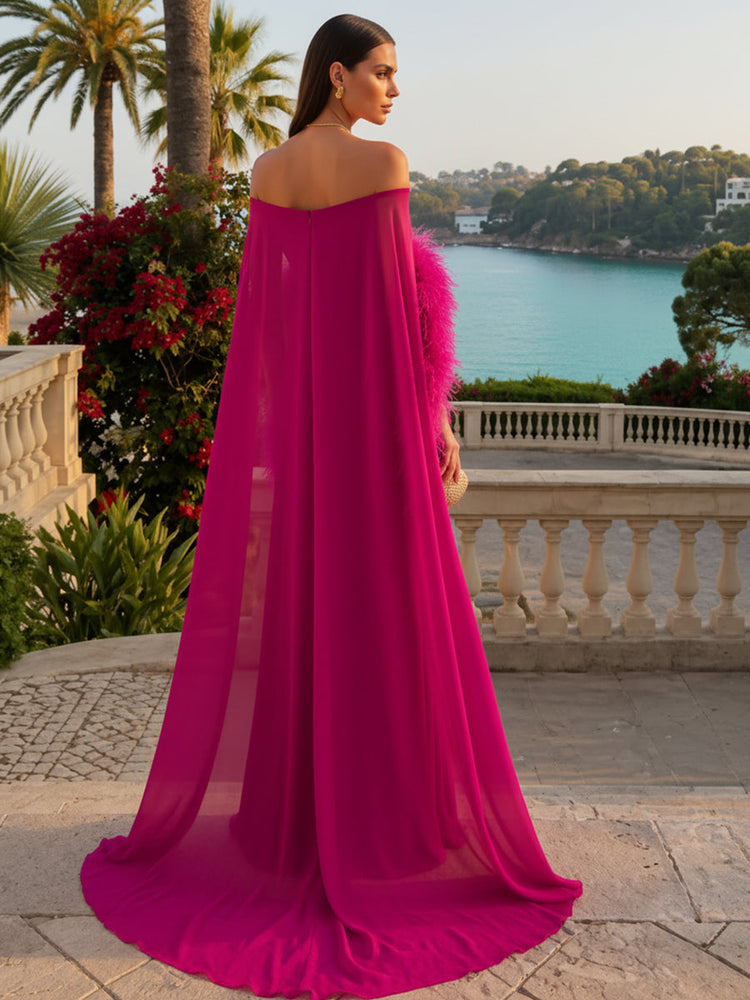 Chiffon A-Line Off Shoulder Evening Dresses with Sheer Chiffon Flowing Cape