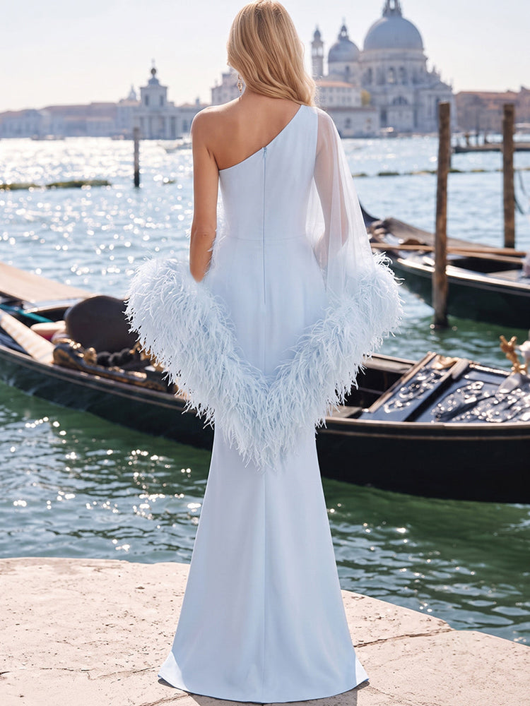 Jersey Mermaid One Shoulder Evening Dresses with Sheer Chiffon Flowing Cape