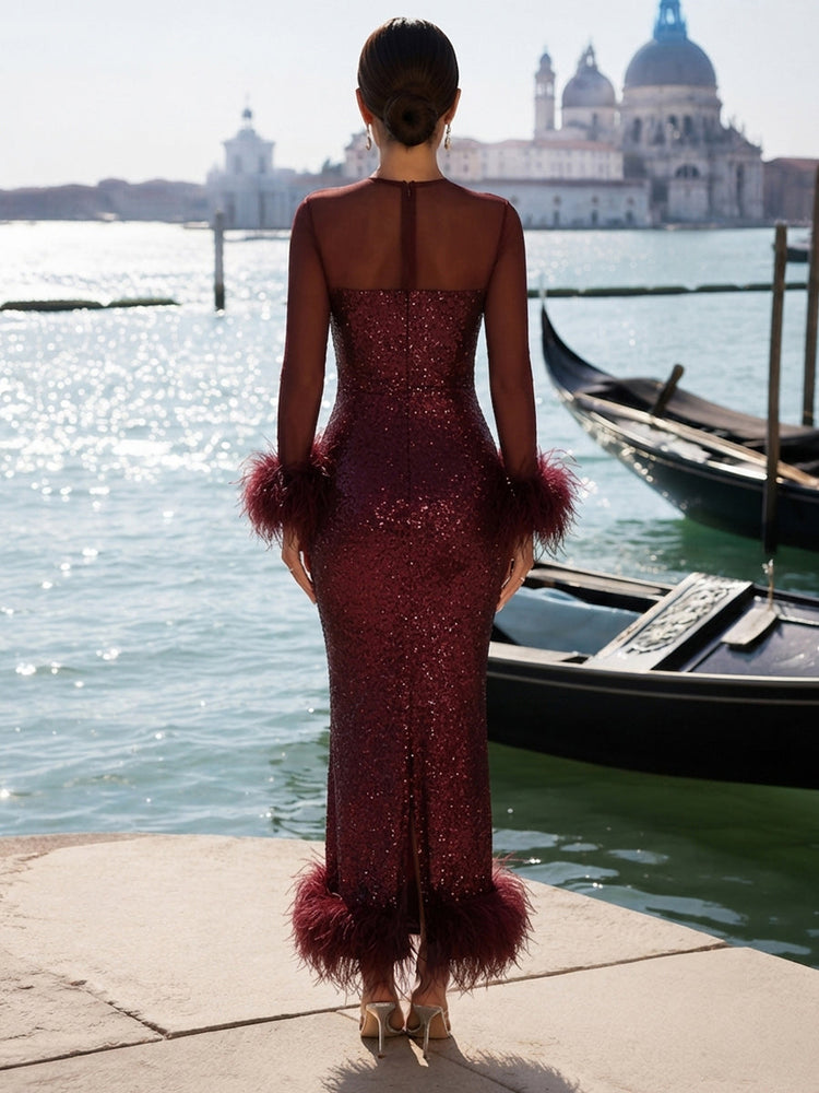 Sequin Bodycon Crew Neck Evening Dresses with Natural Feather Fringe Hem
