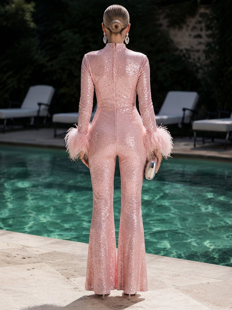 Sequin High Neck Evening Pantsuit with Feathers