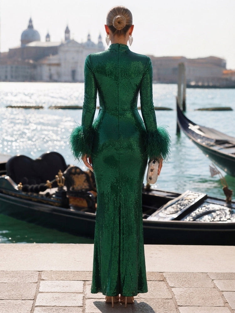 Sequin Bodycon High Neck Evening Dresses with Keyhole