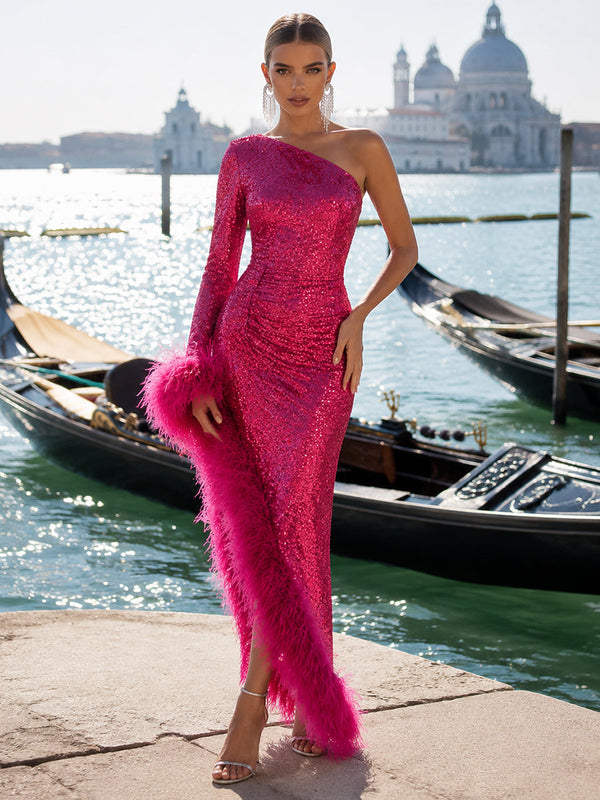 Sequin Bodycon One Shoulder Evening Dresses with Natural Feather Fringe Hem