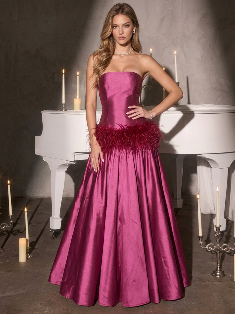 Satin A-Line Strapless Maxi Evening Dresses with Feathers