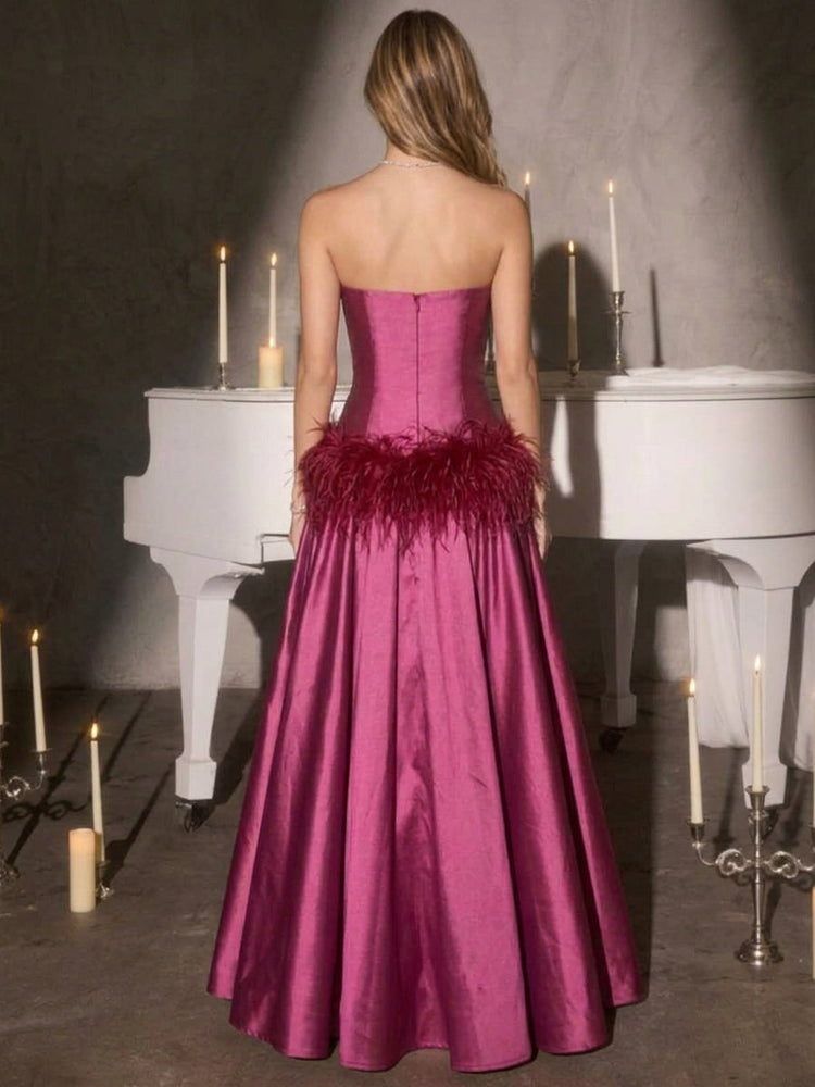 Satin A-Line Strapless Maxi Evening Dresses with Feathers