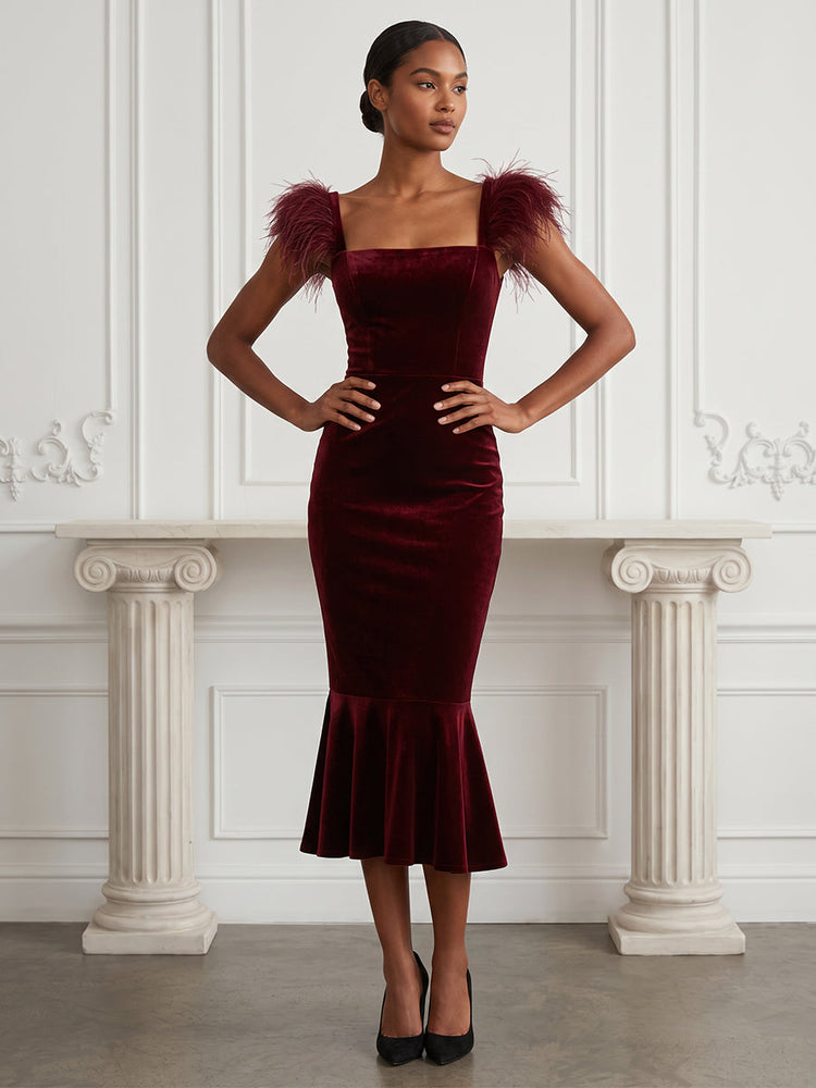 Velvet Mermaid Square Neck EveningDresses with Feathers