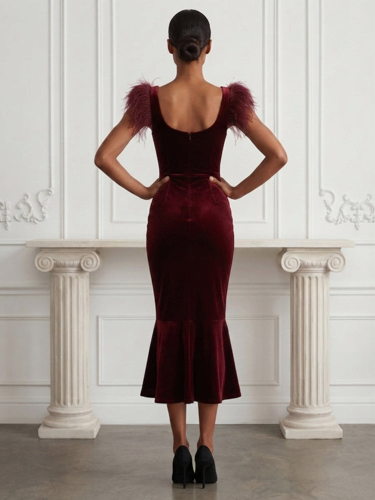 Velvet Mermaid Square Neck EveningDresses with Feathers