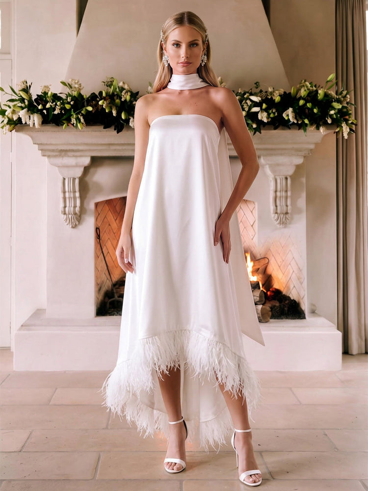 Satin A-Line Strapless EveningDresses with Feathers